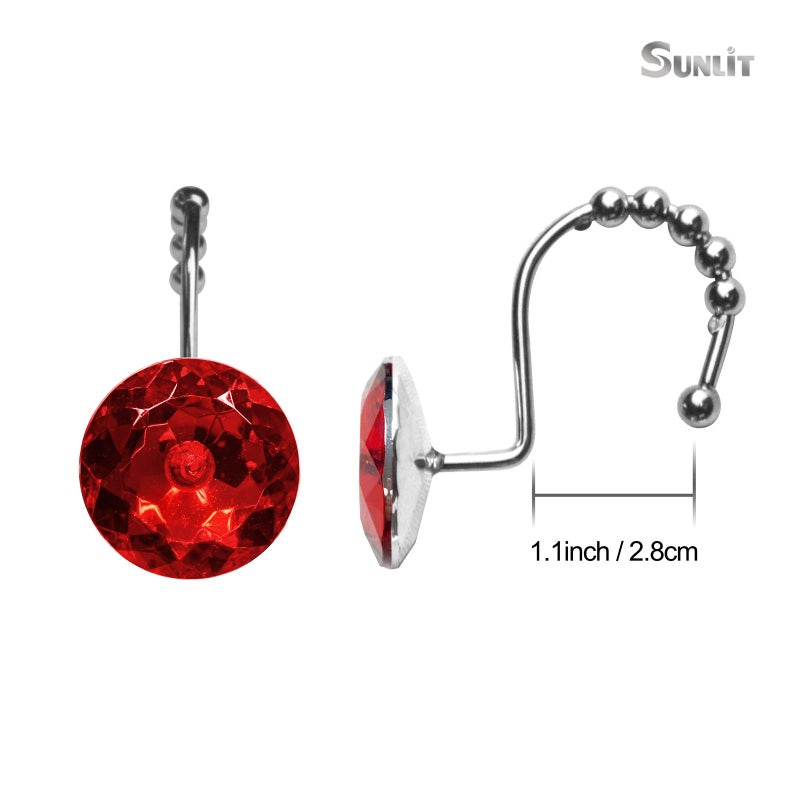 Sunlit تصميم فاخر مضاء بنور الشمس مستدير من الكريستال الأحمر الماسي مع كرات انزلاقية وخطاطيف ستارة الدش، حلقات ستارة دش لامعة من أحجار الراين المعدنية المقاومة للصدأ - 12 قطعة - Image 2